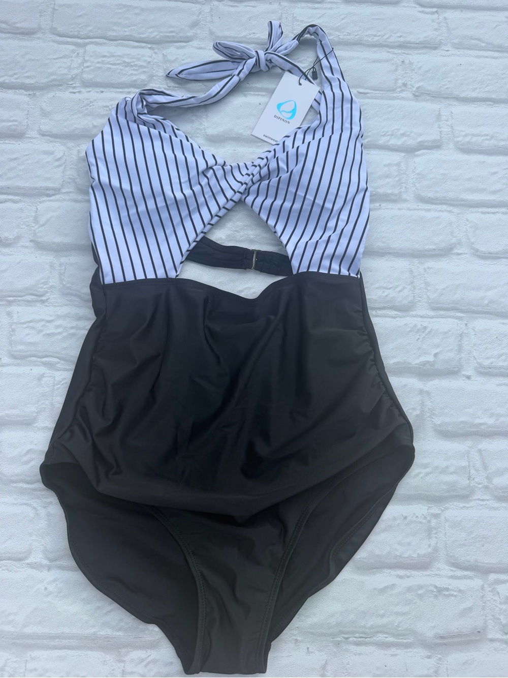 Striped Halter One-Piece Swimsuit — Black & White